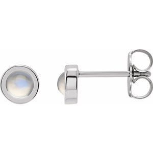 14K White Gold Cabochon Natural Rainbow Moonstone Bezel-Set Solitaire Earrings