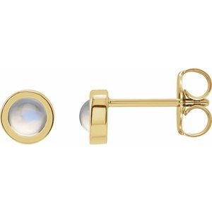 14K Yellow Gold Cabochon Natural Rainbow Moonstone Bezel-Set Solitaire Earrings