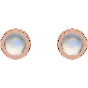 14K Rose Gold Cabochon Natural Rainbow Moonstone Bezel-Set Solitaire Earrings – image 2