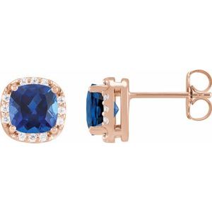 14K Rose Gold Lab-Grown Blue Sapphire & 1/10 CTW Natural Diamond Halo-Style Earrings