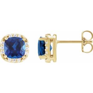 14K Yellow Gold Lab-Grown Blue Sapphire & .06 CTW Natural Diamond Halo-Style Earrings