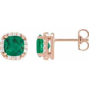 14K Rose Gold Lab-Grown Emerald & 1/10 CTW Natural Diamond Halo-Style Earrings