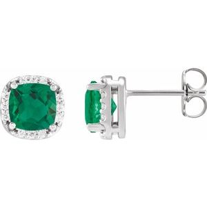 Platinum Lab-Grown Emerald & 1/10 CTW Natural Diamond Halo-Style Earrings