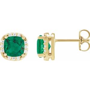 14K Yellow Gold Lab-Grown Emerald & 1/10 CTW Natural Diamond Halo-Style Earrings
