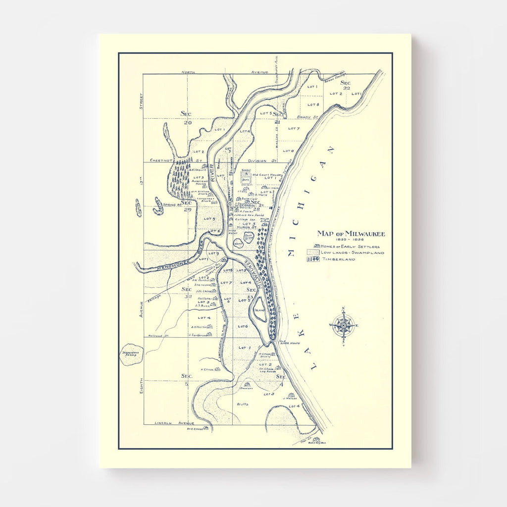 Vintage Map of Milwaukee, Wisconsin 1836