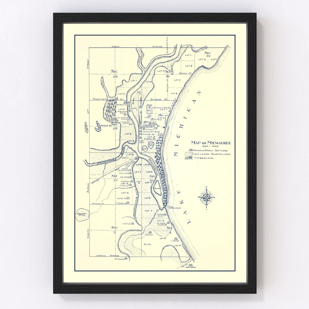 Vintage Map of Milwaukee, Wisconsin 1836