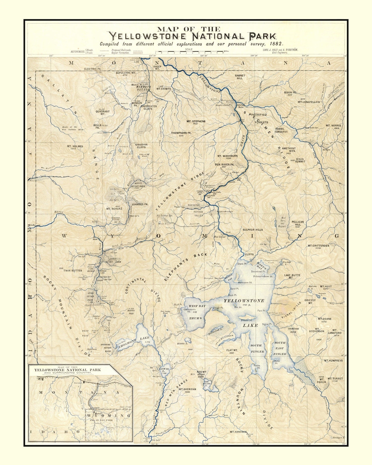 Vintage Yellowstone National Park Map 1882