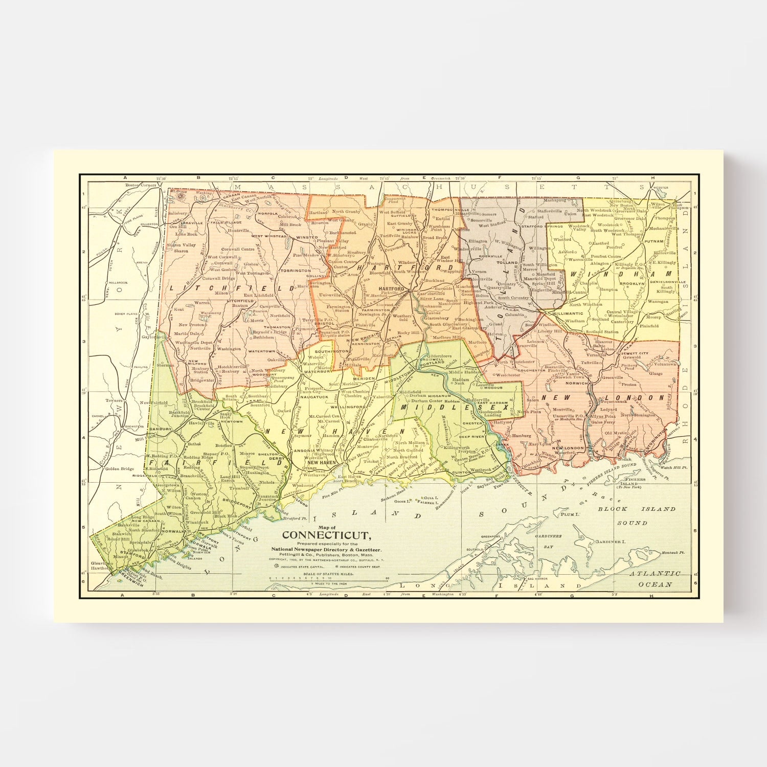 Vintage Map of Connecticut 1900