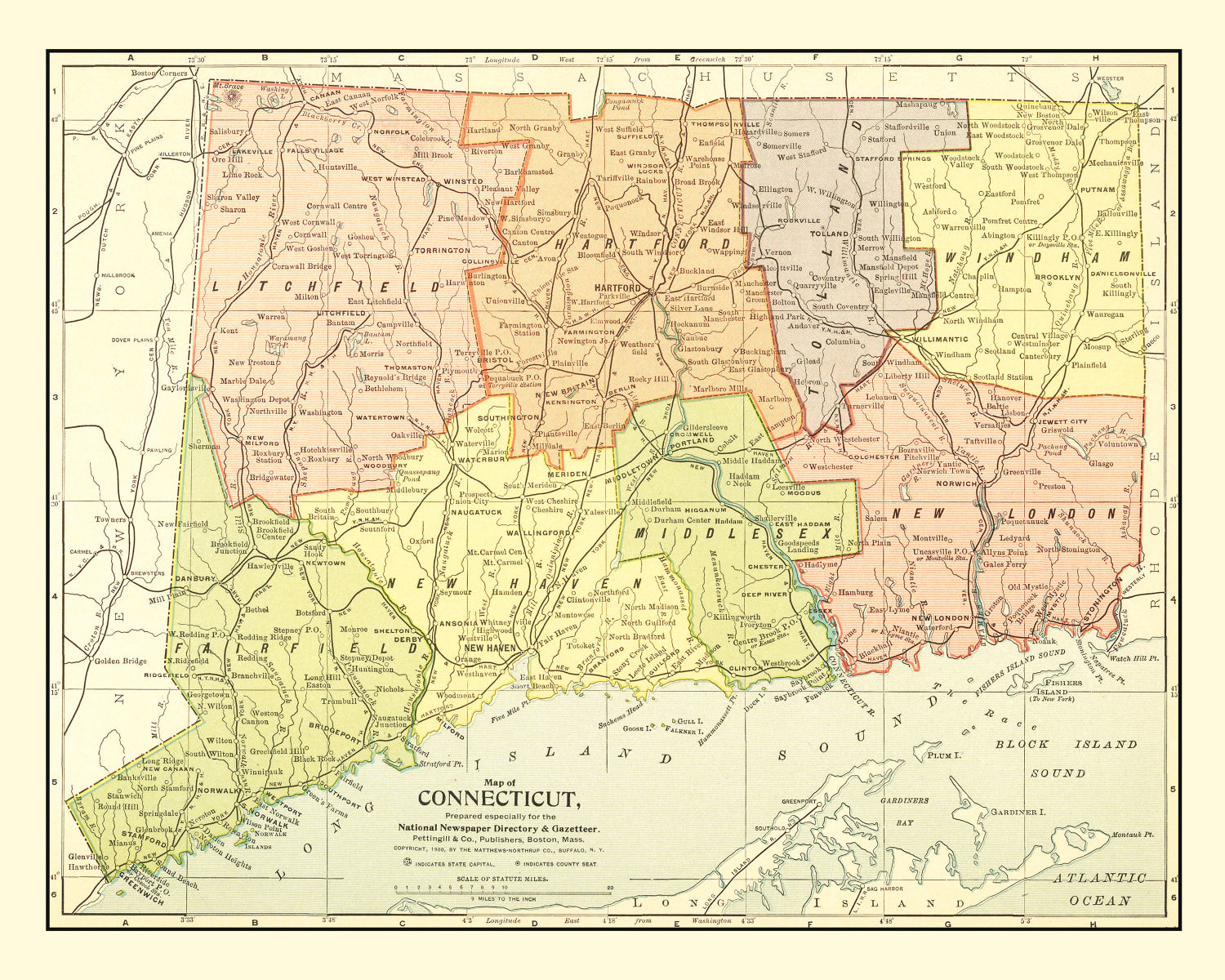 Vintage Map of Connecticut 1900