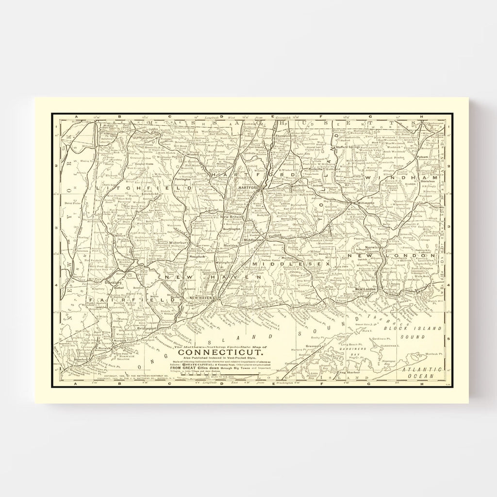 Vintage Map of Connecticut 1898