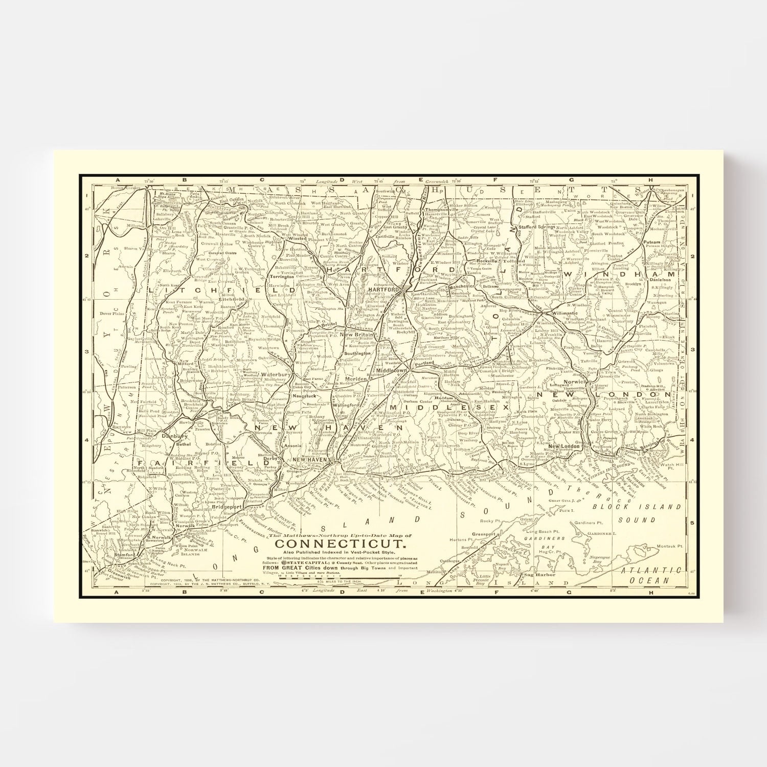 Vintage Map of Connecticut 1898