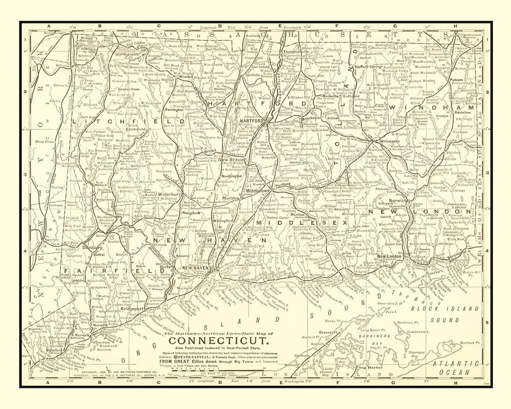 Vintage Map of Connecticut 1898