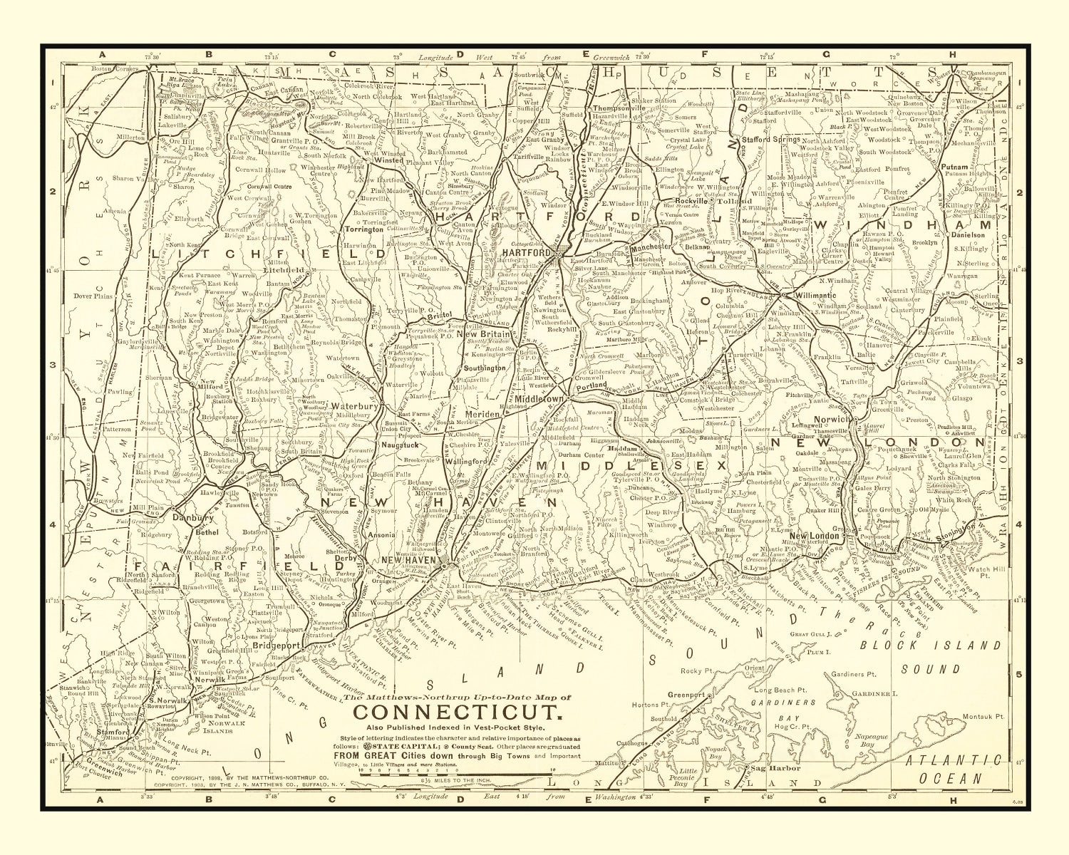 Vintage Map of Connecticut 1898