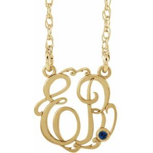 14K Yellow Gold-Plated Sterling Silver 15 mm 2-Initials Imitation Blue Sapphire Script Monogram 18" Necklace