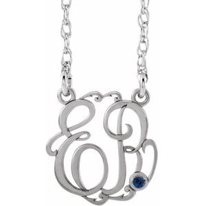 Rhodium-Plated Sterling Silver 15 mm 2-Initials Imitation Blue Sapphire Script Monogram 18" Necklace