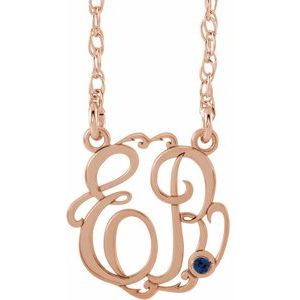 14K Rose Gold 15 mm 2-Initials Imitation Blue Sapphire Script Monogram 18" Necklace