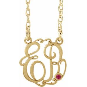 14K Yellow Gold-Plated Sterling Silver 15 mm 2-Initials Imitation Ruby Script Monogram 18" Necklace
