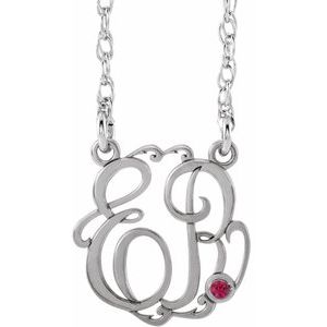 Rhodium-Plated Sterling Silver 15 mm 2-Initials Imitation Ruby Script Monogram 18" Necklace
