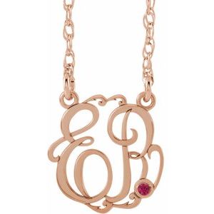 14K Rose Gold 15 mm 2-Initials Imitation Ruby Script Monogram 18" Necklace
