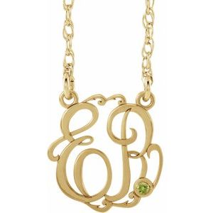 10K Yellow Gold 15 mm 2-Initials Imitation Peridot Script Monogram 18" Necklace