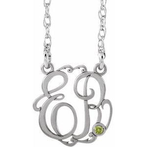 10K White Gold 15 mm 2-Initials Imitation Peridot Script Monogram 18" Necklace