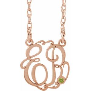 14K Rose Gold 15 mm 2-Initials Imitation Peridot Script Monogram 18" Necklace