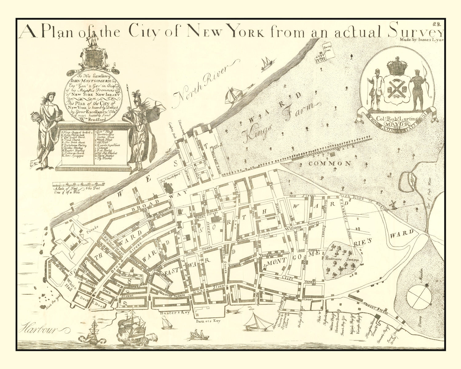 Vintage Map of New York City, New York 1728