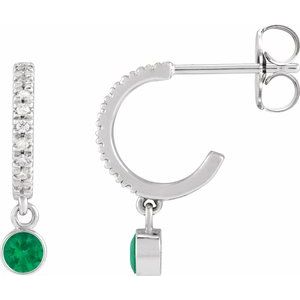 Sterling Silver Lab-Grown Emerald & .08 CTW Natural Diamond French-Set 16.1 mm Hoop Earrings