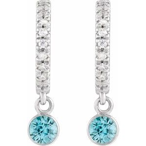 14K White Gold Natural Blue Zircon & .08 CTW Natural Diamond French-Set 16.1 mm Hoop Earrings – image 2