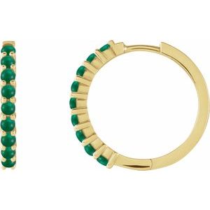 14K Yellow Gold Natural Emerald Cabochon Hinged 20 mm  Hoop Earrings