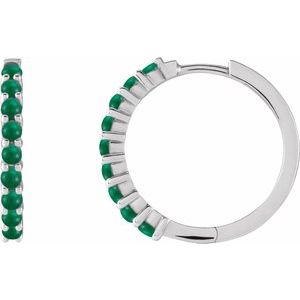 14K White Gold Natural Emerald Cabochon Hinged 20 mm  Hoop Earrings