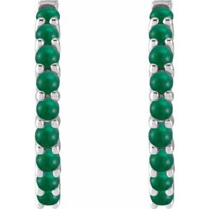 14K White Gold Natural Emerald Cabochon Hinged 20 mm  Hoop Earrings – image 2