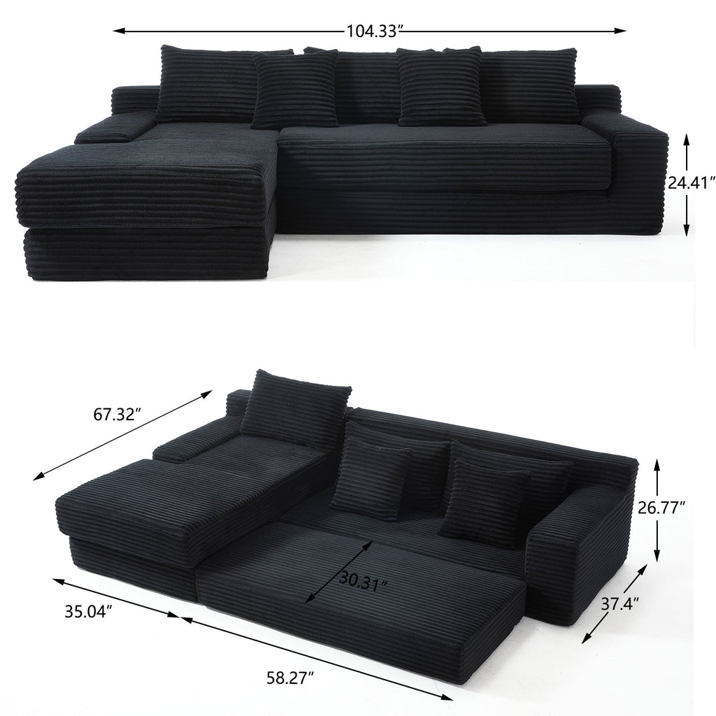 Modern L-Shaped Sectional Couch with Memory Foam and Steel Frame in Black Corduroy for Living Room