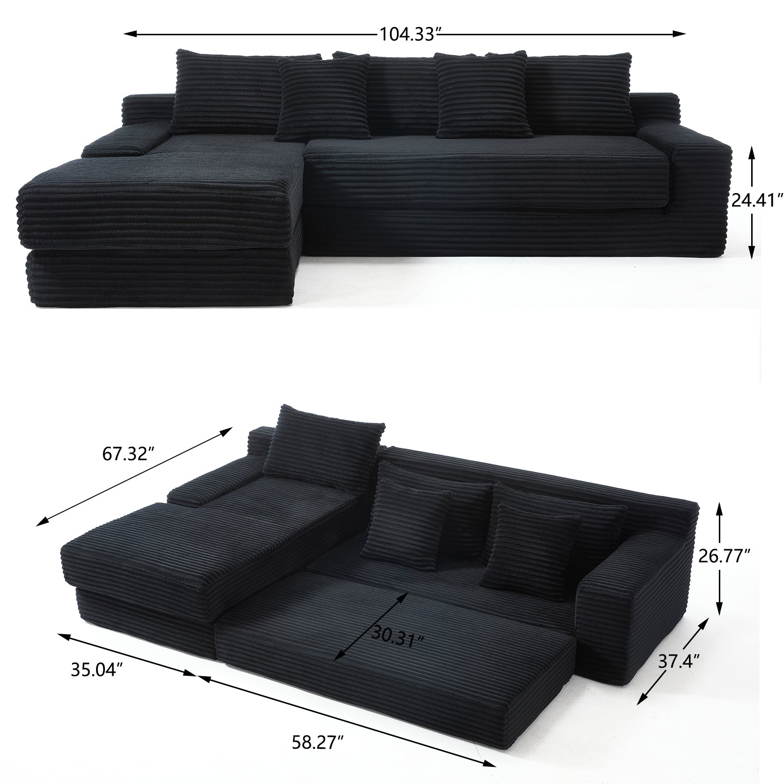 Modern L-Shaped Sectional Couch with Memory Foam and Steel Frame in Black Corduroy for Living Room