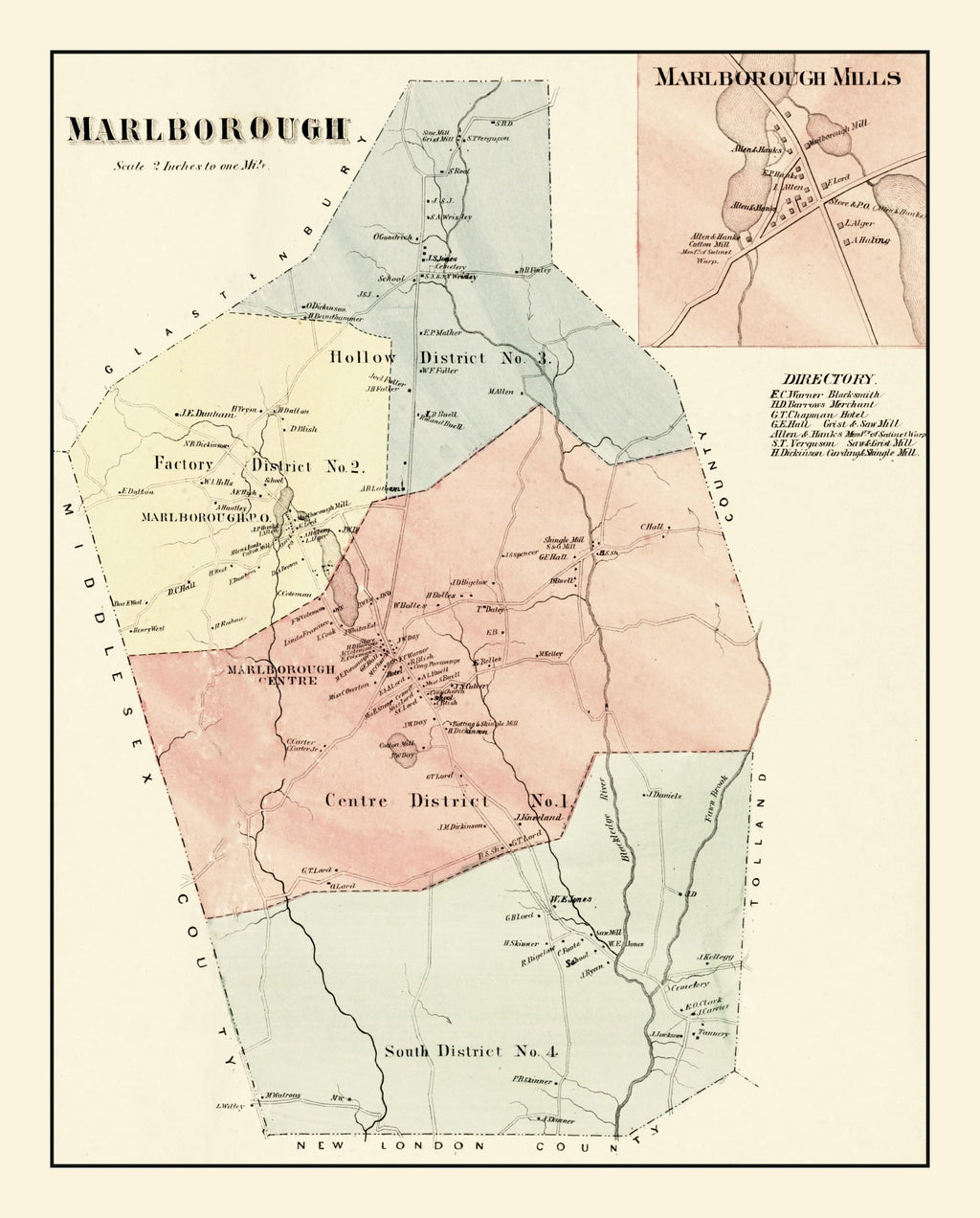 Vintage Map of Marlborough, Connecticut 1869