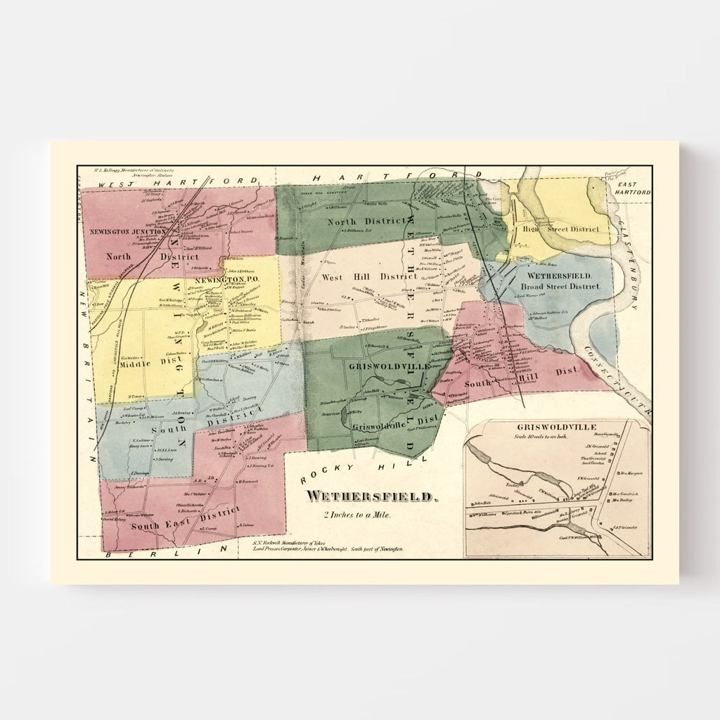 Vintage Map of Wethersfield, Connecticut 1869