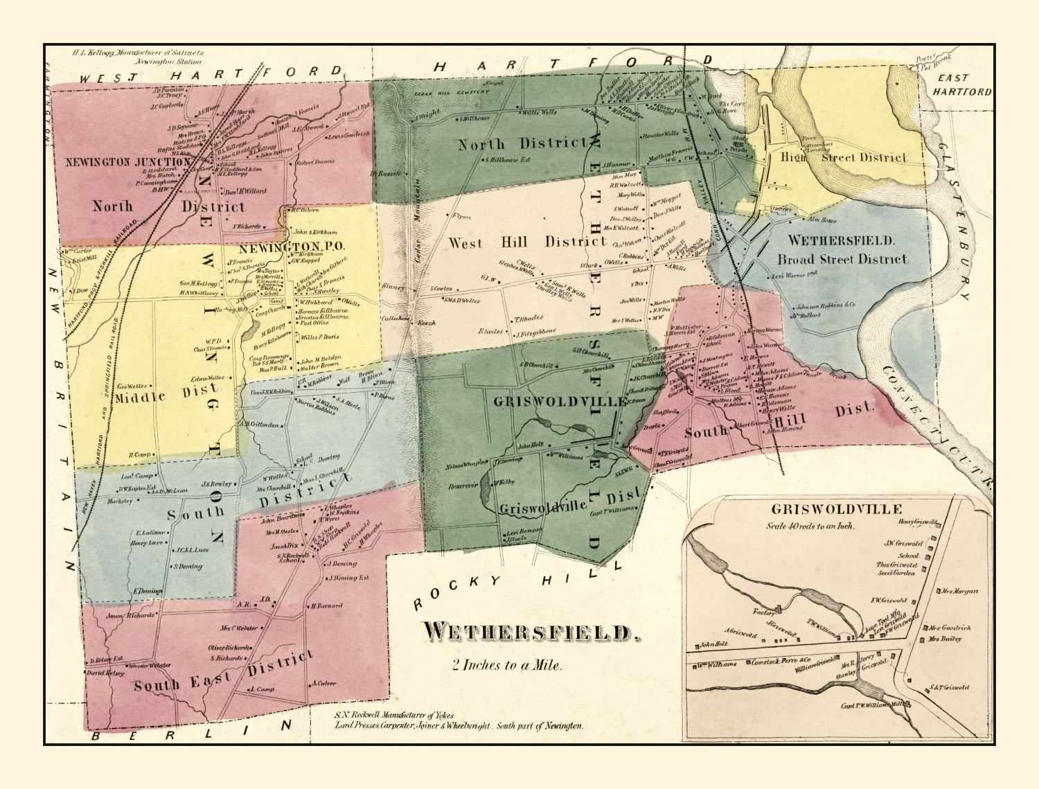 Vintage Map of Wethersfield, Connecticut 1869