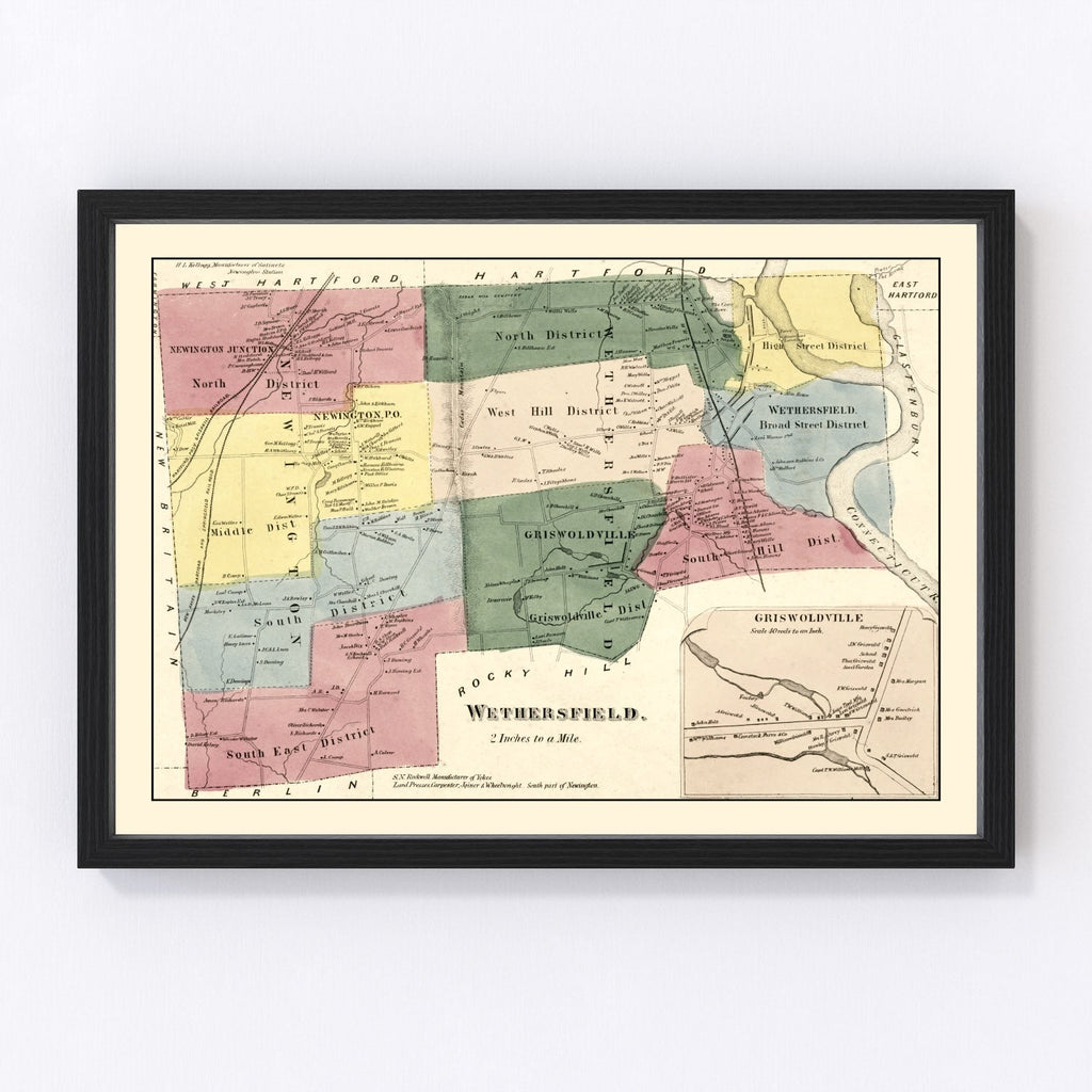Vintage Map of Wethersfield, Connecticut 1869