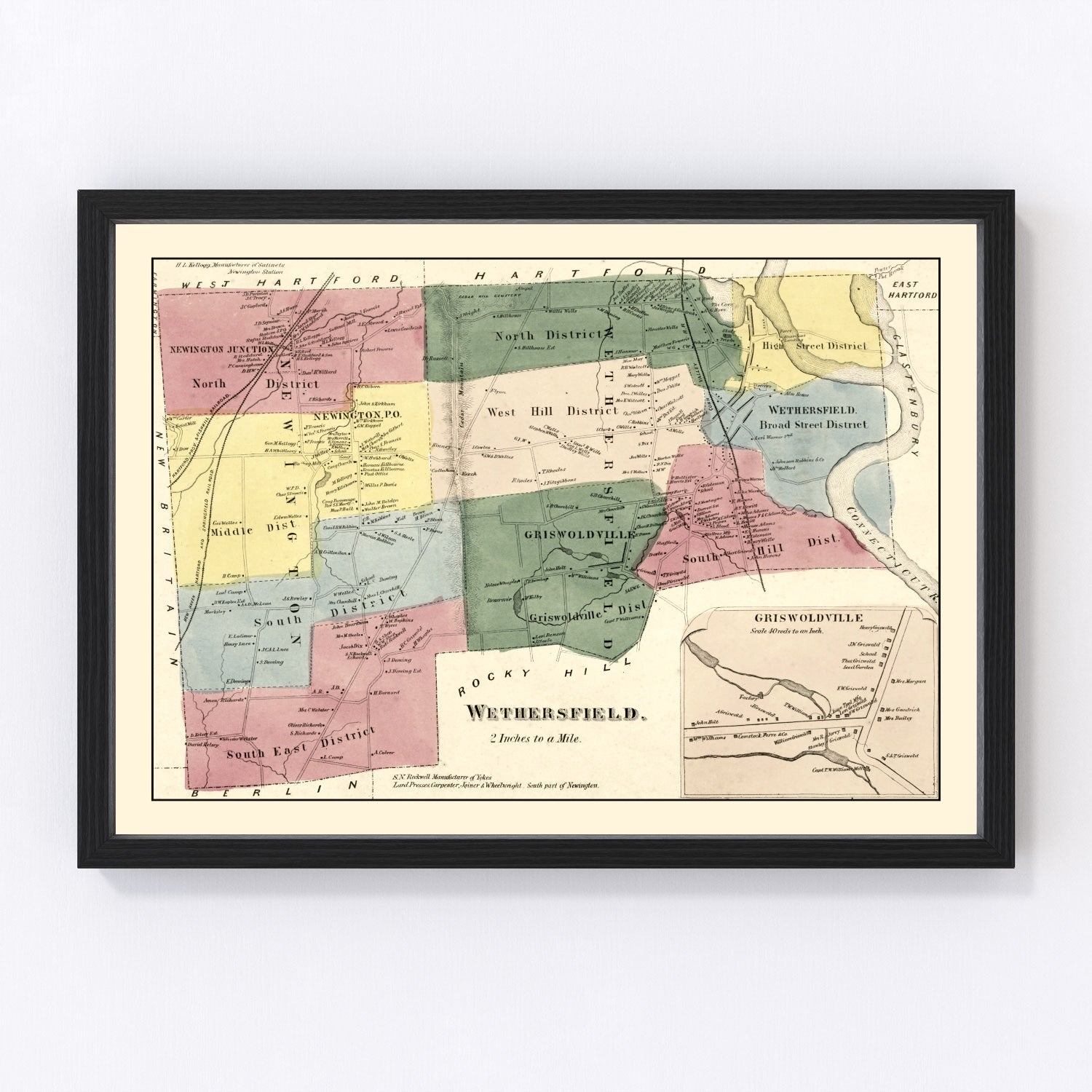 Vintage Map of Wethersfield, Connecticut 1869