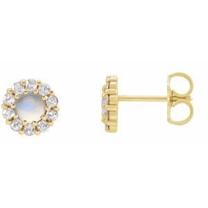 14K Yellow Gold 5 mm Cabochon Natural Rainbow Moonstone & 1/3 CTW Natural Diamond Halo-Style Earrings