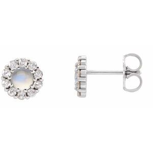 Sterling Silver 3 mm Cabochon Natural Rainbow Moonstone & 1/8 CTW Natural Diamond Halo-Style Earrings