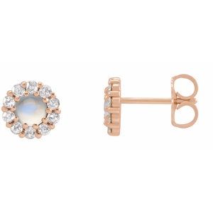 14K Rose Gold 5 mm Cabochon Natural Rainbow Moonstone & 1/3 CTW Natural Diamond Halo-Style Earrings