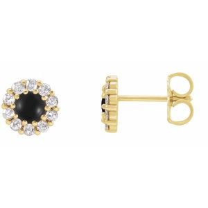 14K Yellow Gold 4 mm Cabochon Natural Black Onyx & 1/5 CTW Natural Diamond Halo-Style Earrings