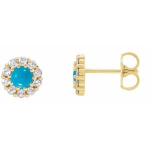 14K Yellow Gold 4 mm Cabochon Natural Turquoise & 1/5 CTW Natural Diamond Halo-Style Earrings