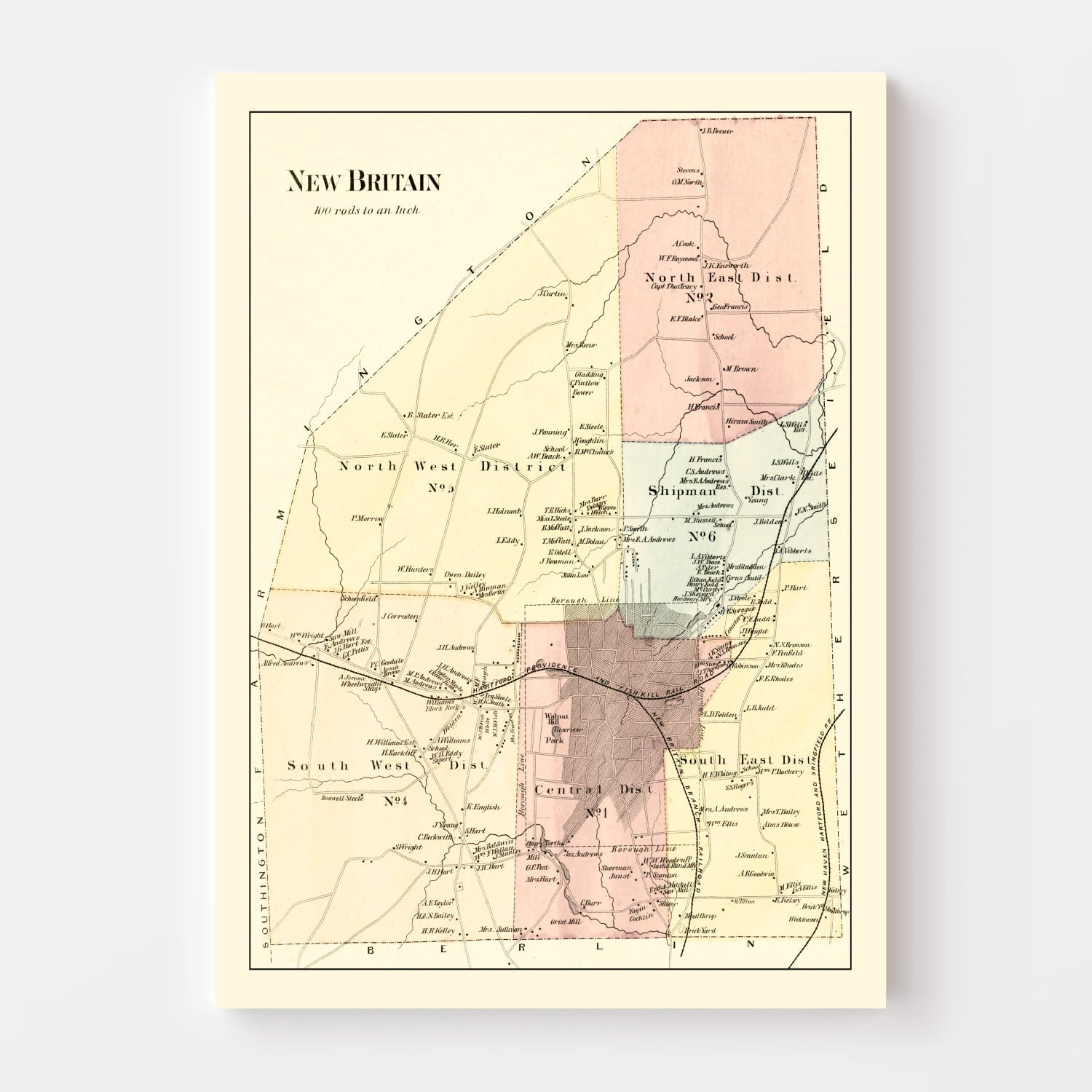 Vintage Map of New Britain, Connecticut 1869