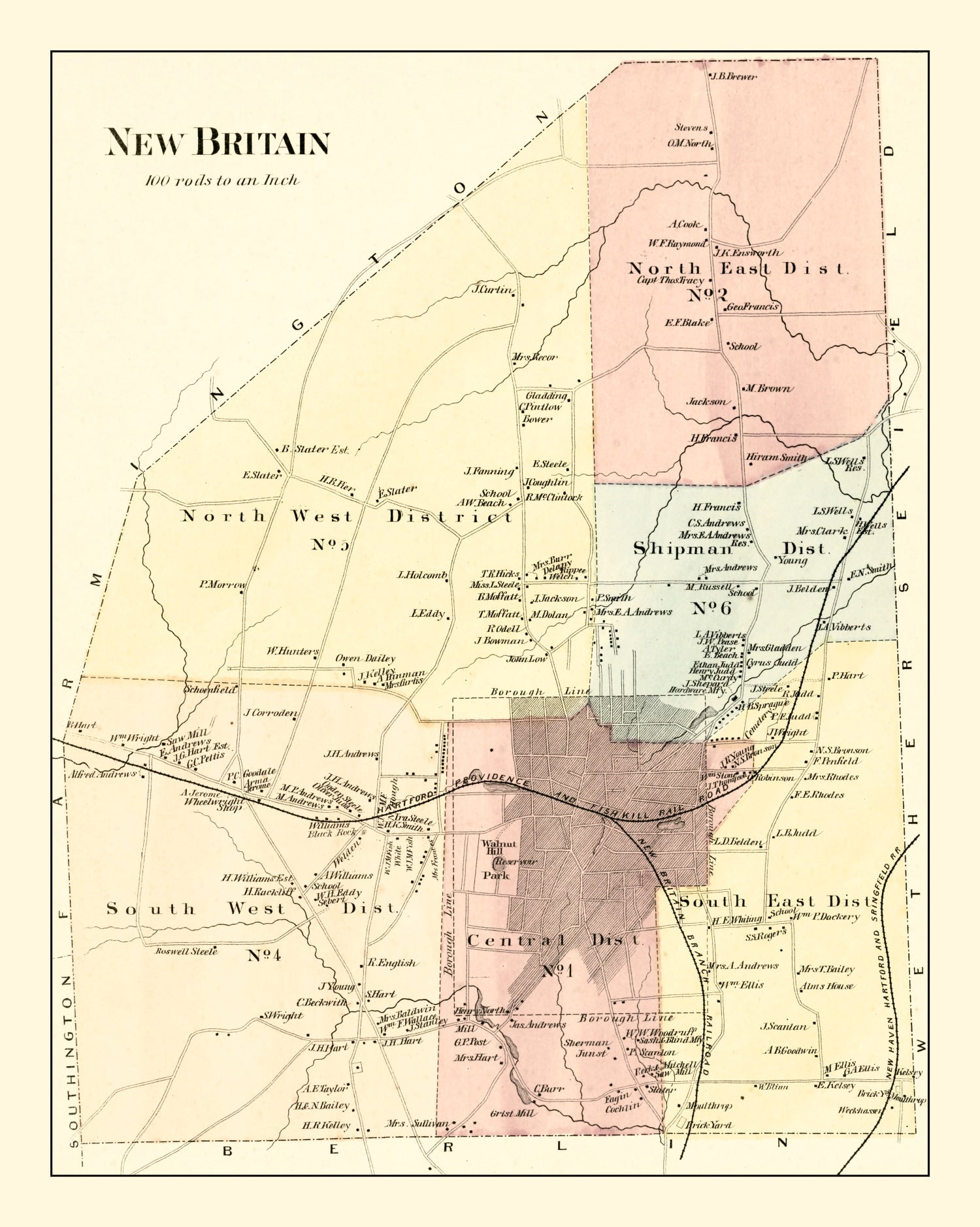 Vintage Map of New Britain, Connecticut 1869