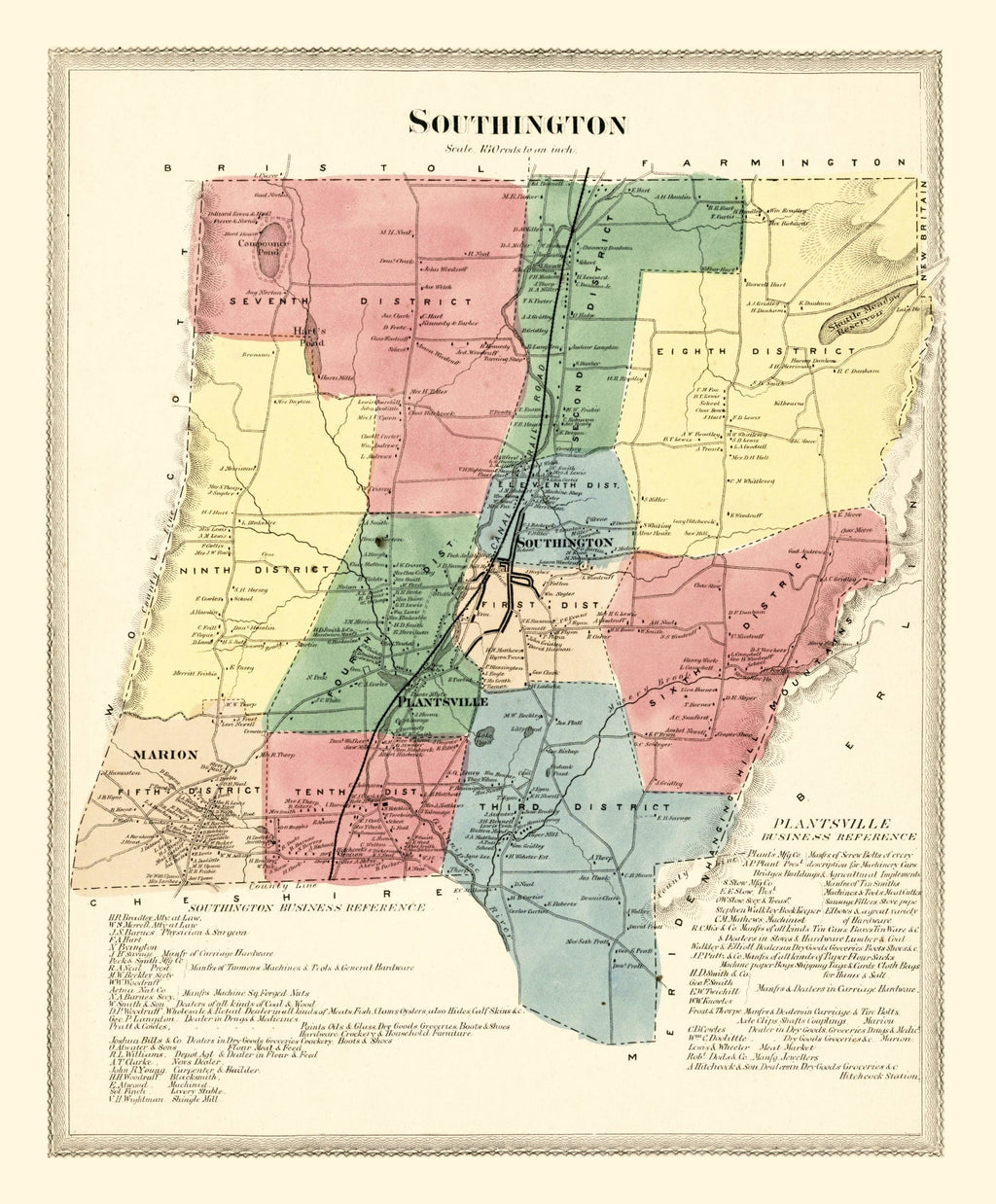 Vintage Map of Southington, Connecticut 1869