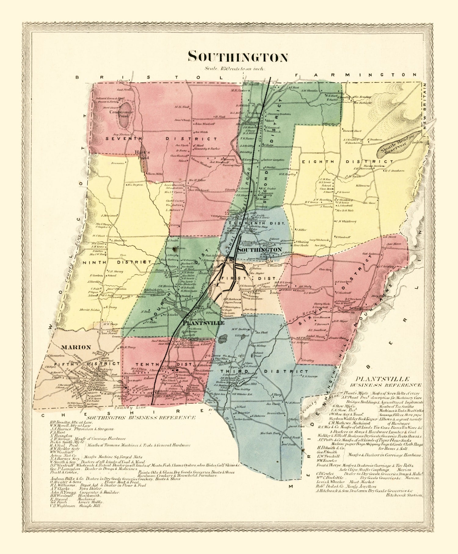 Vintage Map of Southington, Connecticut 1869
