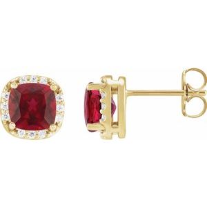 14K Yellow Gold Lab-Grown Ruby & 1/10 CTW Natural Diamond Halo-Style Earrings