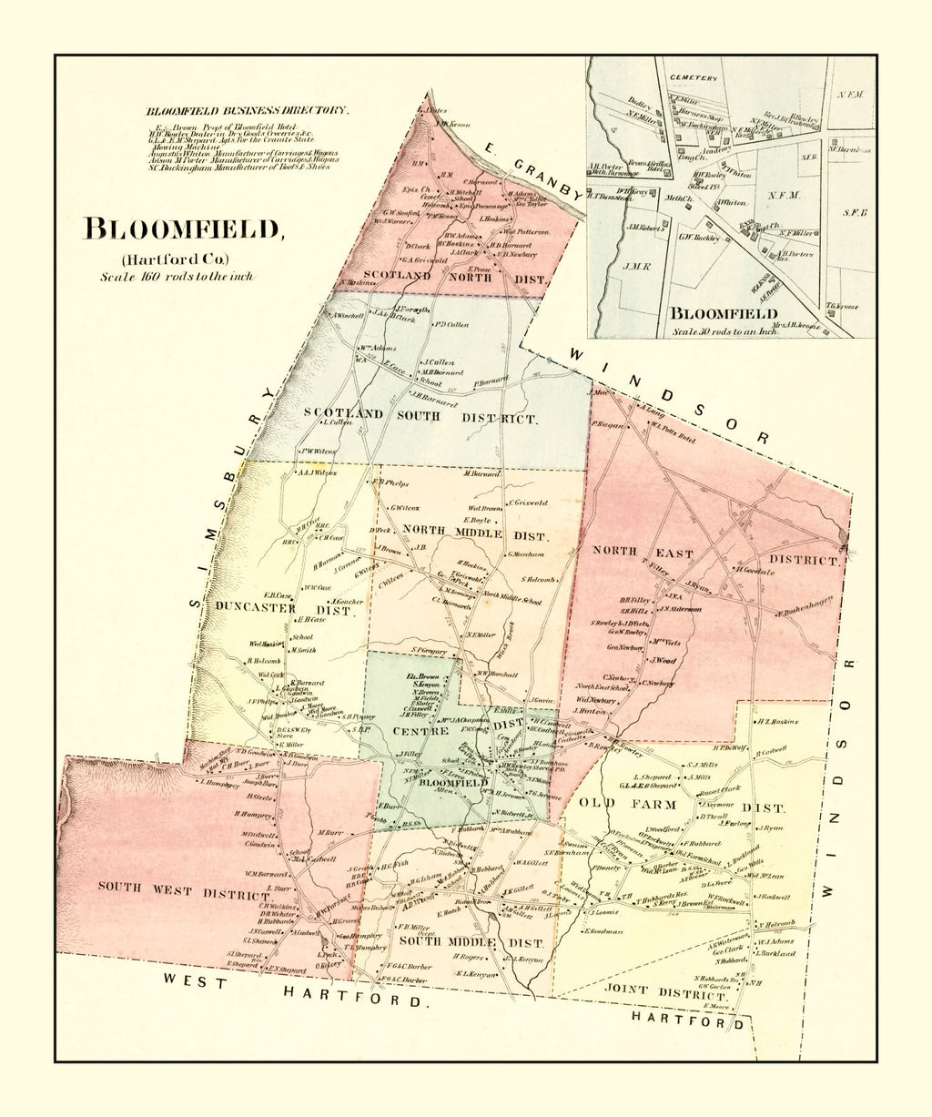 Vintage Map of Bloomfield, Connecticut 1869
